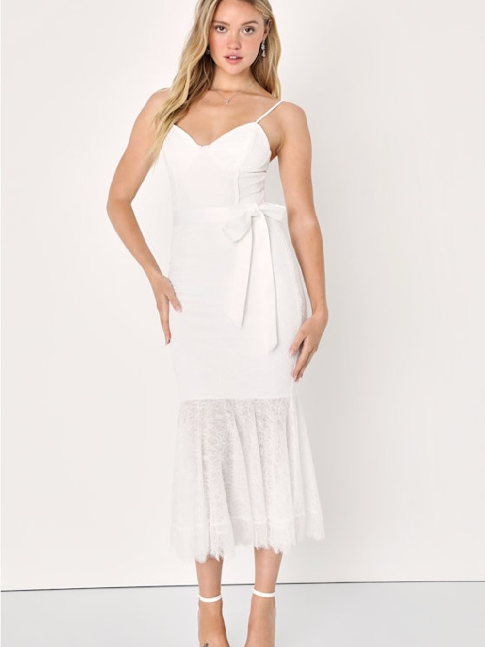 Lulu's White Lace Mermaid Wedding Dress with Spaghetti Straps